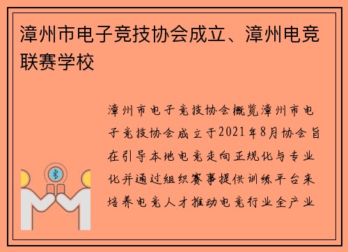漳州市电子竞技协会成立、漳州电竞联赛学校